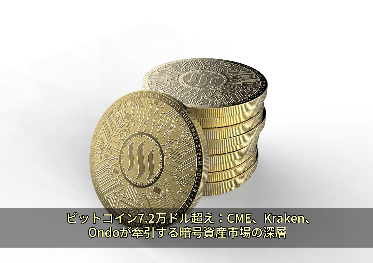 ビットコイン7.2万ドル超え：CME、Kraken、Ondoが牽引する暗号資産市場の深層